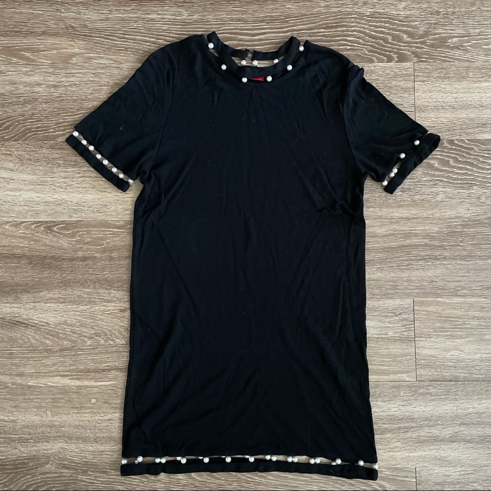 Black Mini Dress with Pearl Trim - Women's Short Sleeve